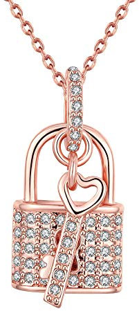 PAURO Womens 18K Rose Gold Plated Key Lock Crystal Pendant Necklace Forever Love Holding Chain