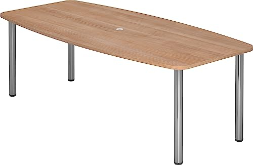 Bümö Konferenztisch oval 220x103 cm großer Besprechungstisch in Nuss, Besprechungstisch mit Chromfüßen, Meetingtisch für 8 Personen, XXL-Tisch für Besprechungsraum & Meeting