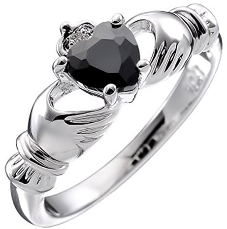GWG Jewellery Anillo de Claddagh Plata de Ley Dos Manos Que Rodean Corazón de Piedra Negro con Corona - 10 en Caja de Regalo para Mujeres
