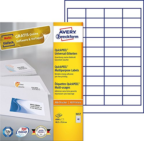 Avery Zweckform 3657 Universal-Etiketten (A4, Papier matt, 4,000 Etiketten, 48,5 x 25,4 mm) 100 Blatt weiß (3, 48,5 x 25,4 mm)