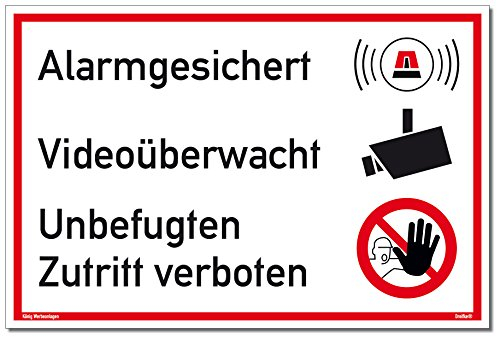 Schild Alarmgesichert Videoüberwacht | Unbefugten Zutritt verboten | stabiles Alu Schild mit UV-Schutz 30 x 20 cm | weiß | Alarmanlage Videoüberwachung Kameraüberwacht | Dreifke®
