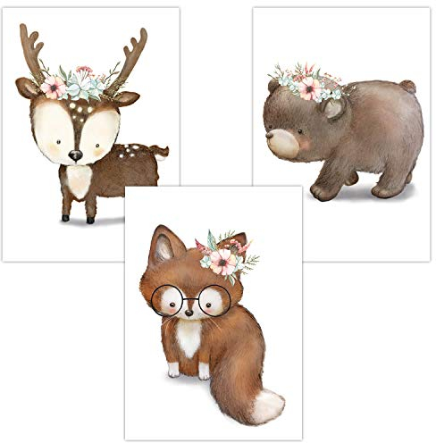 Olgs Babyzimmer Bilder 3er Set | Kinderzimmer Deko Poster DIN A4 | Wandbilder Premium | Tiere Wandposter Mädchen | Windfreunde Baby Waldtiere Hirsch Fuchs Bär
