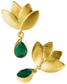 Ohrringe aus vergoldetem Messing, Lotusblüte, 18 Karat vergoldet, mit Naturstein Onyx, Grün, für Damen, Designer-Ohrringe in Gold- und Grüntönen, Ohrringe für Damen, Goldfarben, Grüner Onyx
