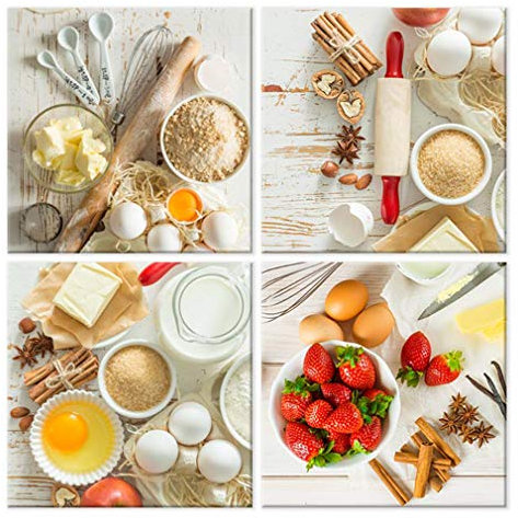 decomonkey - Impression sur Toile Intissé Cuisine 80x80 4 Pièces - Tableau Décoration Appartement Cadre en Bois Photo Déco Salon Peinture sur Toile Maison Aliments coloré cuisine fruit fraise