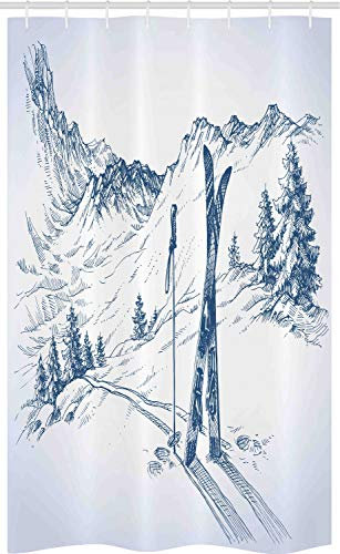 ABAKUHAUS Hiver Rideau de Douche Stalle, Ski Sport Mountain View, Ensemble de Salle de Bain en Tissu en Crochets, 120 x 180 cm, Bleu Blanc
