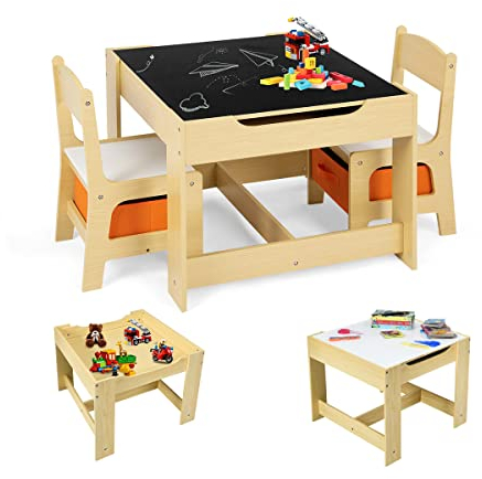 GIANTEX 3 TLG. Kindersitzgruppe, Kindertisch mit 2 Stühlen, Kinderschreibtisch mit Schubladen, Kindertischgruppe Holz, Kinder Maltisch mit Tafel, Sitzgruppe für Kinderzimmer, Kindergarten