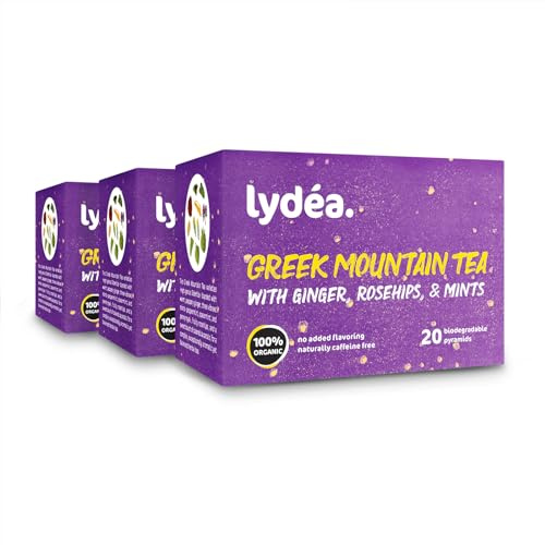 Lydea Organic Greek Mountain Tea with Ginger, Rosehips, & Mints, 60 Pyramids, 3 Pack [3 x 20 Pyramids]
