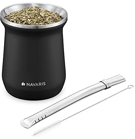 Navaris Yerba Mate Cup - 300ml Double Walled Stainless Steel Mate Tea Set with Gourd Cup Mug and Bombilla Straw and Brush for Mate Drink - Black