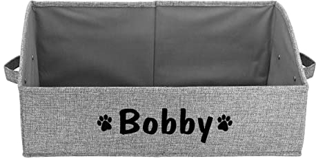 PET ARTIST Personalized Collapsible Dog Storage Basket,Dog Toy Box Bin Large for Chew Toys,Clothes,Grey