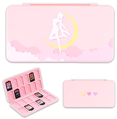 BelugaDesign Anime Spielekarten-Hülle | Kleine Aufbewahrung für Spielkarten | Kompatibel mit Nintendo Switch | Pastellrosa Sakura Stern Mond Magie Reiseetui