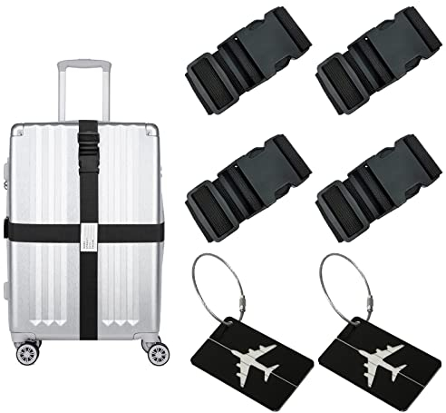 VEGCOO Koffergurte 4 Stück, 2 Stück Kofferanhänger, Schwarzes Verstellbares Kofferband 5 * 200 cm Gepäckgurt Koffergurt Kreuzgurt Kofferanhänger mit Adressschild