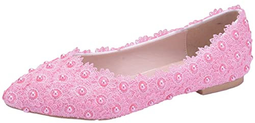 Jamron Donna Elegante Fiore Pizzo Perle Scarpe da Sposa Pumps Suola Morbida Ballerine a Punta Rosa SN070435 EU38
