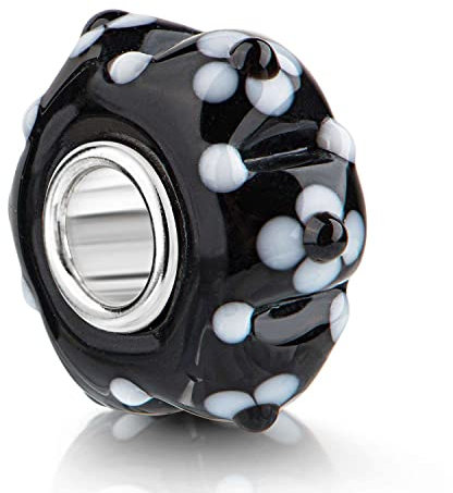 Materia Glas Bead 3D Blumen Charms Anhänger Silber 925#1285-Schwarz