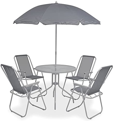 Festnight Conjunto de Muebles para Jardín con 4 Sillas 1 Mesa de Comedor Redonda y Sombrilla Paraso,Texteline y Acero,Gris