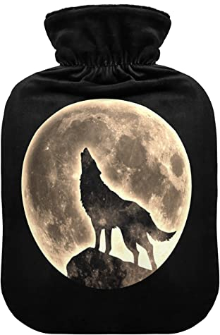 YOUJUNER Wärmflasche mit Wolf Mond Bezug, Groß 1 Liter Heißwasserbeutel Heißwasserbeutel Bettflasche