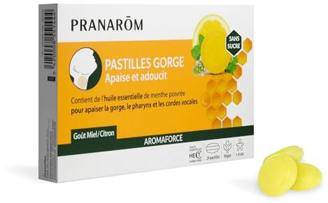 Pranarôm Pranarom | Aromaforce | Pastilles Gorge Miel Citron | Apaise et adoucit la gorge | Vegan | 24 pastilles | à partir de 6 ans, 10.0 unité