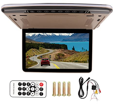 KIMISS 13.3in Car Overhead Monitor Screen 1080P High Definition 120° Flip Down Overhead Car Multimedia Interface Roof Mounted Screen with Dual Color Light (Beige)