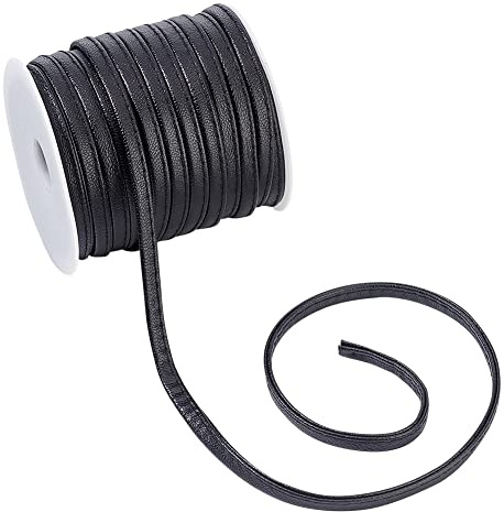 FINGERINSPIRE Cordon en Similicuir PU (Noir, 20m de Long, 6 mm de Large) Cordon en Cuir Plat pour Vêtements, Bobine de Garniture en Cuir à Laçage en Dentelle pour L'Artisanat du Cuir