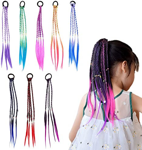 Buntes Geflochtenes Haar, 8Pcs Kinder Bunte Haare, Bunte Haarsträhnen, Geflochtene Haare Extensions mit Elastischem Seilband für Mädchen Frauen Party Geburtstag Sport Reisen Mehrfarbig