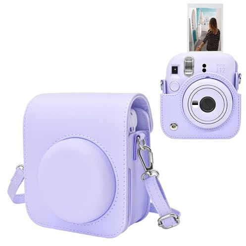 MUZIRI KINOKOO Tasche für Instax Mini 12 Cámara Instantánea, PU Leder Schutzhülle für Instax Mini 12 Tasche mit verstellbarem Schultergurt - Lila