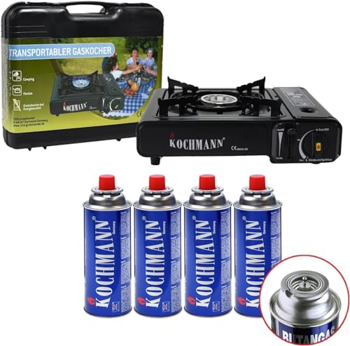 Kochmann® Gaskocher + 4 Gaskartuschen inkl. Tragekoffer, 1-flammig Campingkocher Camping Gas Kocher Kartusche