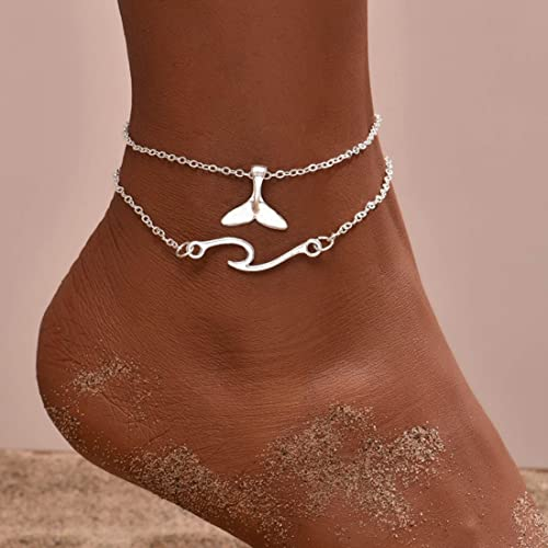 Prosy double couche plage vague cheville argent bracelet cheville Fishtail Forever pendentif été pied bijoux accessoire pour les femmes et les filles (A)