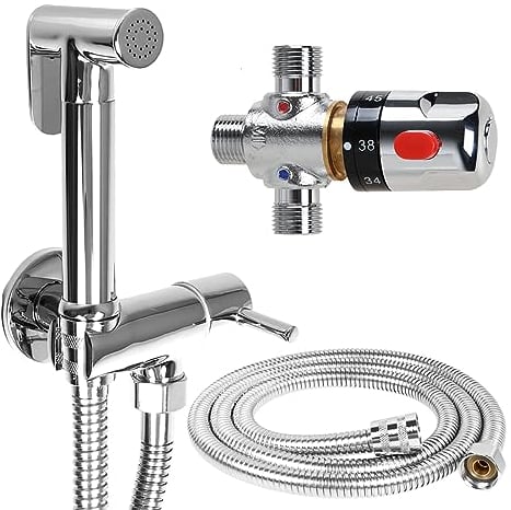 Kit douchette bidet pulvérisateur avec mitigeur thermostatique chaud et froid chromée à fixation murale - design moderne - pour Douche WC et bidet, l'hygiène personnelle quotidienne