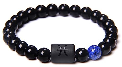 LODMLOER Perlen-Armband Mit 12 Sternbildern, Sternzeichen Fische – Paar-Armband, Natürlicher Schwarzer Onyx-Stein, Elastisches Charm-Armband Für Damen Und Herren, Geburtstagsgeschenk, Fische