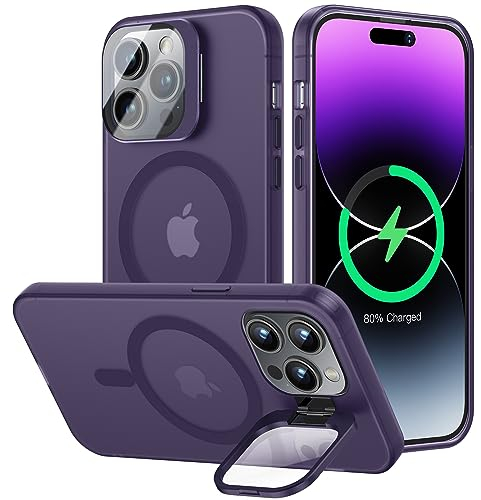 OLHAOMAO Cover MagSafe per iPhone 14 Pro Max, Magnetica Custodia con Cavalletto protezione fotocamera integrata,Traslucida Opaca Posteriore Sottile Antiurto Case, Viola