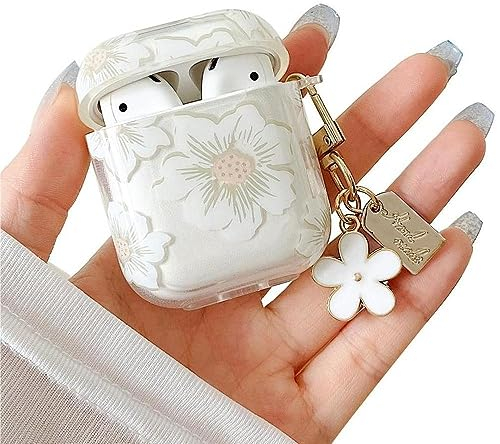 MINSCOSE Kompatibel mit AirPods 1&2 Klar Hülle,Niedliches Cartoon Blumenmuster Design mit floralem Schlüsselanhänger,Weiches TPU Schützendes Stoßfestes Gehäuse für AirPod 1&2 für Mädchen-Weiß