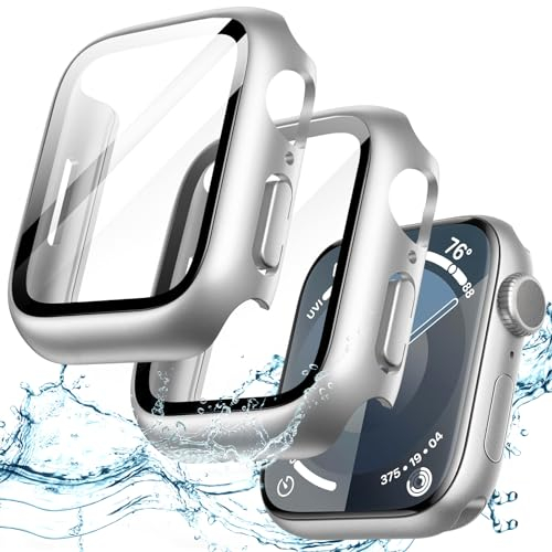 JETech Funda Impermeable con Protector de Pantalla para Apple Watch Series 9 8 7 45mm, Cristal Vidrio Templado Incorporado Carcasa Protectora Completa PC Dura, 2 Unidades (Plata)