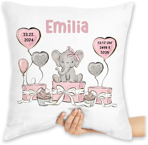 Kissen 40x40 Zierkissen - Baby Geschenk zur Geburt Mädchen Elefant personalisiert Name Geburtsdaten I Taufe - 40 x 40 cm - Weiß - personalisierte geburtskissen babygeschenke Geburtsgeschenk