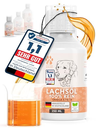 Pfotengenuss Lachsöl für Hunde Katzen &Pferde - natürliche Omega 3, 6 & 9 Quelle - für Gelenke Fell&Stoffwechsel - frisch abgefüllt in Deutschland - natürliches, hochdosiertes Lachs-Öl - Barf-Öl