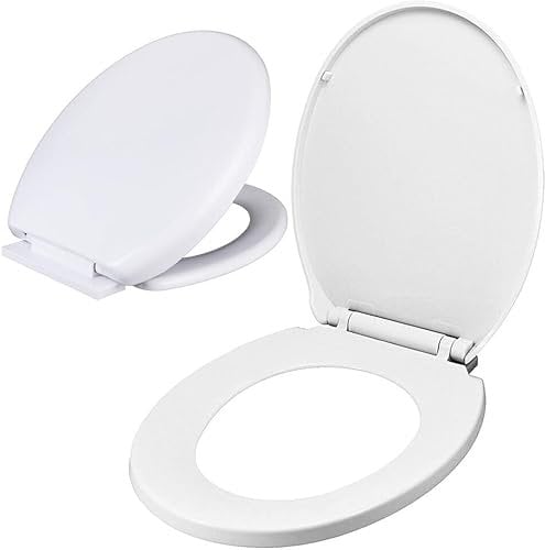 ADEPTNA Universal Soft Close Plastic Toilet Seat with Fittings - Oval Design, White, Heavy Duty Anti-Slam Bathroom Accessory