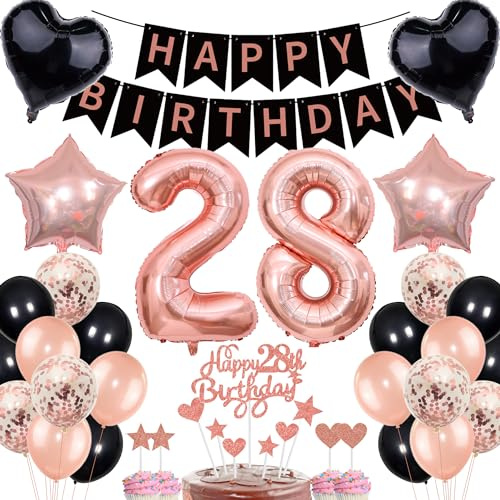 Rose Gold Black 28th Birthday Cake Topper Set for Women with Banner