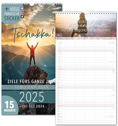 Familienkalender 2025 5 Spalten ZIELE Familienplaner 2025 und Okt-Dez 2024 Wandkalender 23 x 43cm Planer für Familie 2025 Wandplaner STICKER Recycling Urlaub, Pflanzkalender Motivation Sprüche Mut