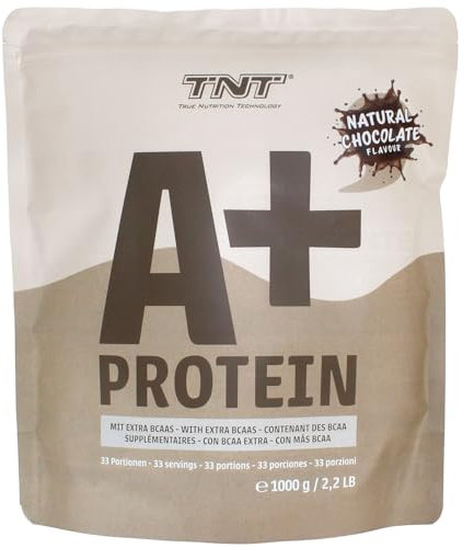 TNT A+ Protein Pulver Vegan (1kg) • Veganer Protein-Shake • 33 Portionen • 22,5g Protein pro Portion • Reich an BCAAs + Leucin • Pflanzliches Eiweißpulver • Made in Germany • Natural Chocolate Flavour