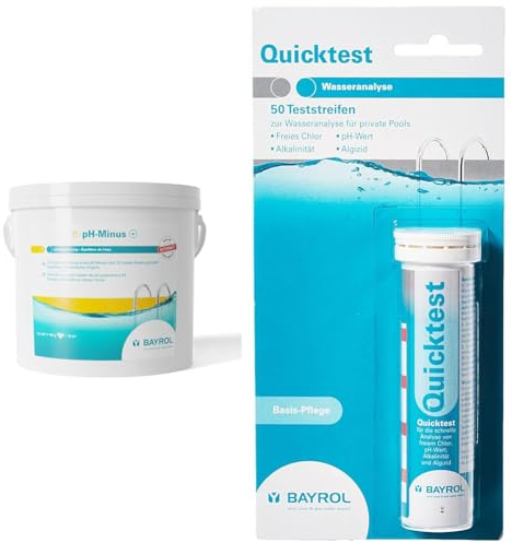 BAYROL e-pH-Minus Granulat 6 kg- senkt schnell & effektiv einen zu hohen pH Wert im Pool & Quicktest - 50 Pool Teststreifen - Wassertester für Pool- Messung pH Wert
