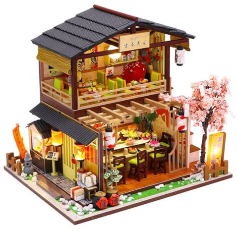 Habarri Miniatur Haus – DIY Set mit Liebe zum Detail – Bezauberndes 3D Modell mit LED – Puppenhaus 1:24 für Kinder & Erwachsene – Geburtstagsgeschenk für kreative Köpfe – Sakura-Sushi