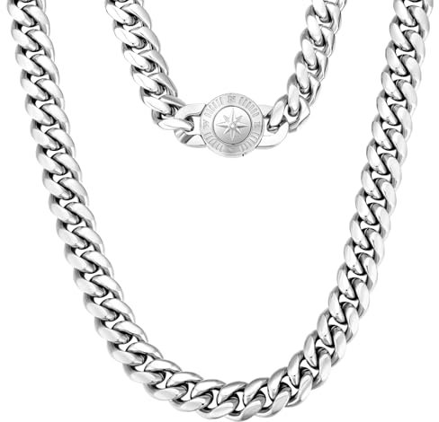KRKC&CO 12mm Herren Panzerkette mit rundem Kompass Verschluss, Weißgold plattiert Cuban Link Chain, Edelstahl Miami Kubanische Gliederkette Silberkette, Halskette für Männer Jungen [Größe 61cm]