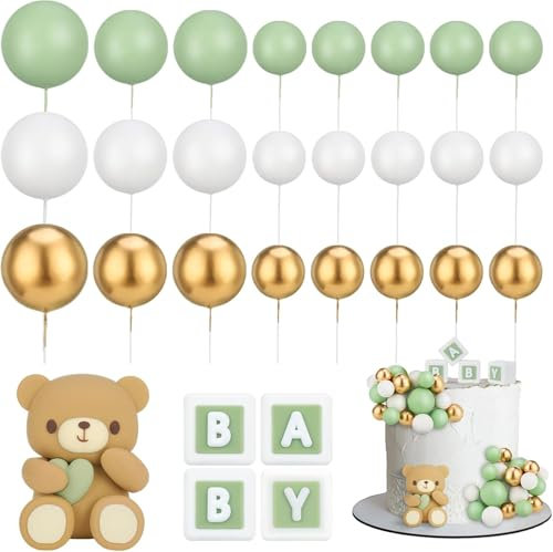 Tortendeko Kugeln Cake Topper Bär 29 Stück Grün Bär Torten Deko Baby Taufe Tortendeko Junge Kinder Fondant Figuren Babyparty, Gender Reveal Partyzubehör, Geburtstag, Feierlichkeiten