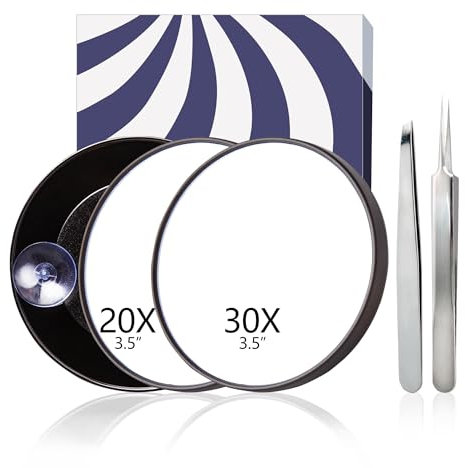 KinzraMira Miroir grossissant 30x avec ventouse, compact avec grossissement 30x et 20x, maquillage de voyage avec pince à épiler de précision, 2 pièces, pince à épiler pour femme, poils du visage, 9