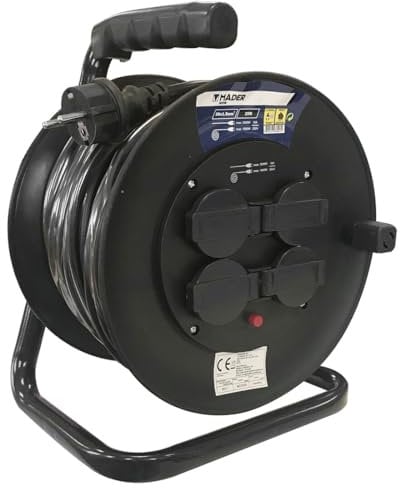 Enrollador extensible 50m, cable 3x1,5mm, 3600W, 4 tomas; ideal para uso en exteriores y herramientas eléctricas.