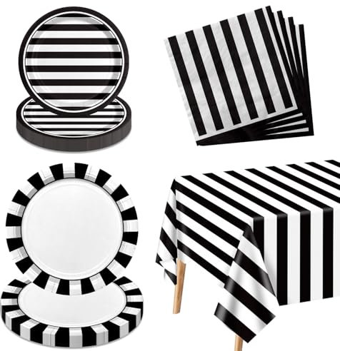 61 Pieces Black and White Striped Party Supplies Black and White Plates and Napkins Set with Paper Plates Napkins Black and White Striped Tablecloth for Birthday Baby Shower Graduation Serves 20