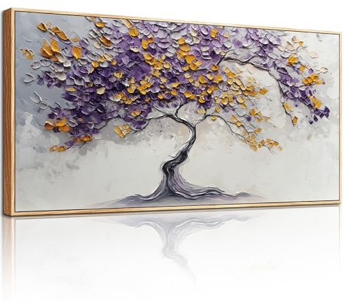 MHARTK66 Lila Baum Bilder Mit Rahmen Holz, Lebensbaum Leinwand Bild Aesthetic, 50x100 cm Groß Wandbilder Wohnzimmer, Modern Wanddeko Kunstdruck Schlafzimmer Esszimmer Flur Badezimmer