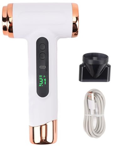 Sèche-cheveux sans fil de voyage - 200 W - Sèche-cheveux portable USB C rechargeable avec écran numérique - 3 vitesses de vent et 3 températures - Moteur à brosse (blanc)