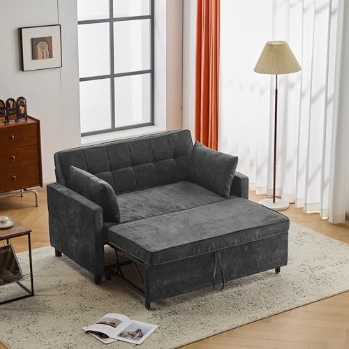 Sofa 2 Sitzer mit Schlaffunktion, Ausklappbares Sofa mit Verstellbare Rückenlehne, 3 in 1 Bettsofa Schlafsofa mit Bettkasten, Chenille Kleine Sofas für Kleine Räume, 142x79 cm, Schwarz