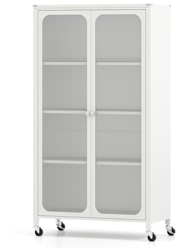COSTWAY Mobile Storage Cabinet, Kitchen Pantry Cupboard with Translucent Doors, 7-Position Adjustable Shelves & Casters, Metal Frame Sideboard Organizer for Home Office Dining Room (80 x 37 x 147cm)