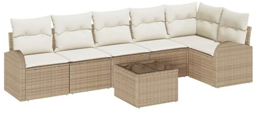 vidaXL 7-teiliges Garten-Sofa-Set mit Kissen | Modulares Polyrattan mit verstellbaren Füßen für Balkon oder Terrasse in Beige und Weiß, Coole wetterfeste Sommer-Lounge