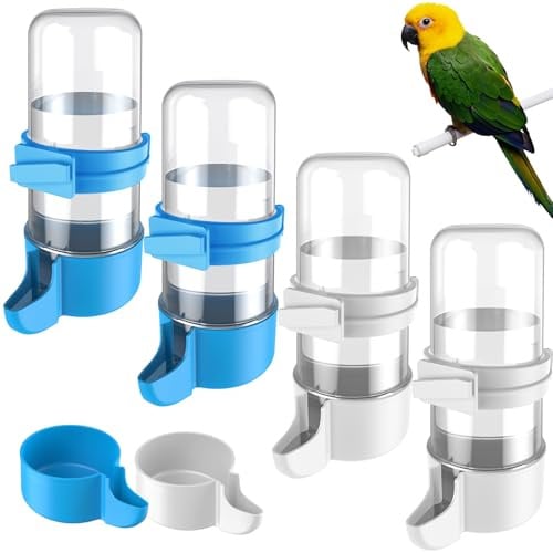 Pawfly 4 Pcs Distributeur d'eau Automatique pour Oiseaux, Mangeoire à Eau Automatique pour Oiseaux, Accessoires de Cage pour Perroquet & Hamster, Distributeur d'eau Blanc et Bleu pour Perruche